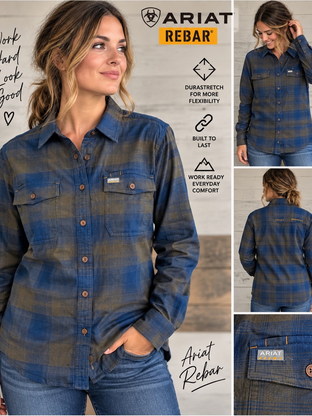 Ariat Rebar Women’s XL DuraStretch Flannel Work Shirt Navy Blue Plaid NWT
